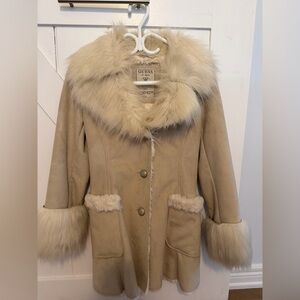 GUESS Women's Cream Teddy Jacket with Faux Fur